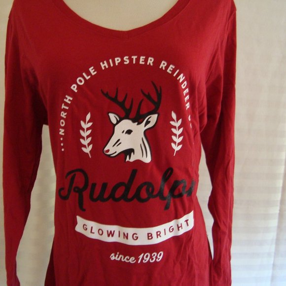 New Port And Company Rudolph Long Sleeve V- Neck Graphic T-Shir tRed Size 3XL - Picture 1 of 4